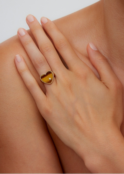 CHEVALIÈRE COEUR OEIL DE TIGRE OR JAUNE
