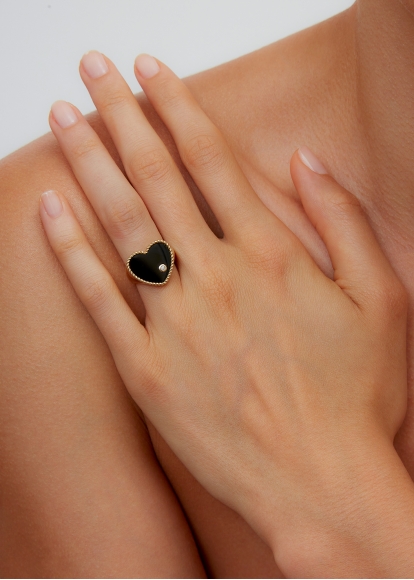 CHEVALIÈRE COEUR ONYX OR JAUNE