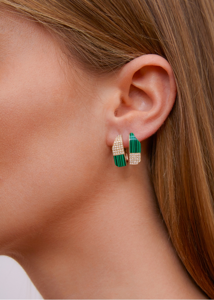 PAIRE DE CRÉOLES DAMIER MALACHITE OR JAUNE