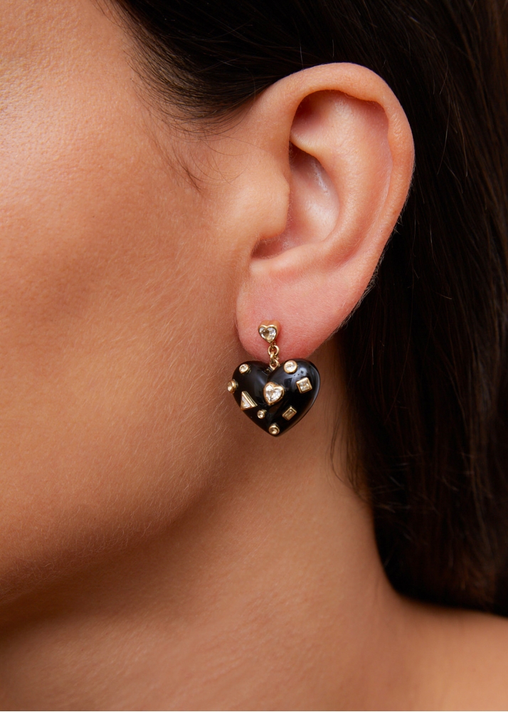 PAIRE DE BOUCLES D'OREILLE COEUR CONFETTIS ONYX OR JAUNE