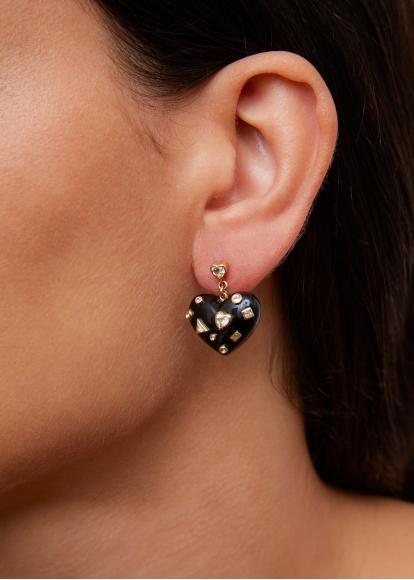 PAIRE DE BOUCLES D'OREILLE COEUR CONFETTIS ONYX OR JAUNE
