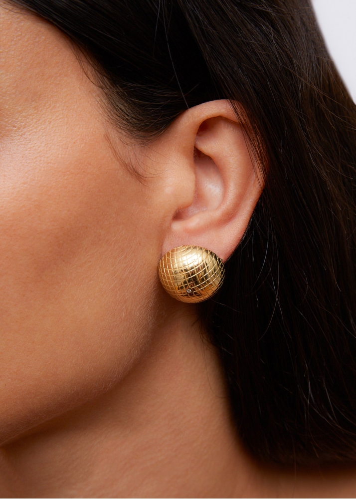 PAIRE DE MAXI BOUCLES D'OREILLE BOULE DISCO GOLD OR JAUNE