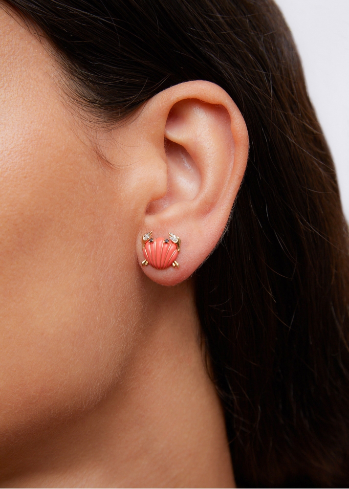 PAIRE DE MINI PUCES CRABE COQUILLAGE CORAIL OR JAUNE