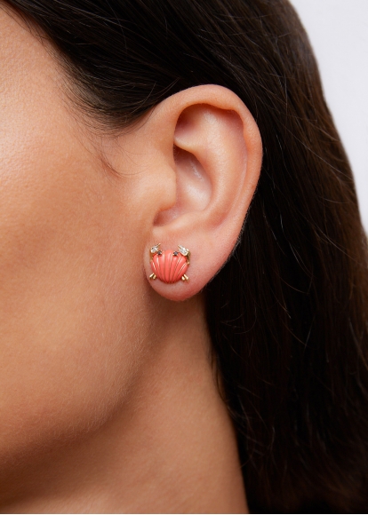 PAIRE DE MINI PUCES CRABE COQUILLAGE CORAIL OR JAUNE