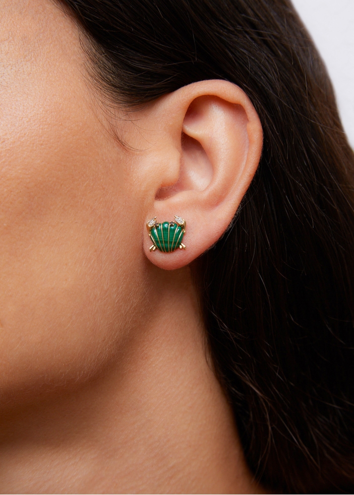 PAIRE DE MINI PUCES CRABE COQUILLAGE MALACHITE OR JAUNE