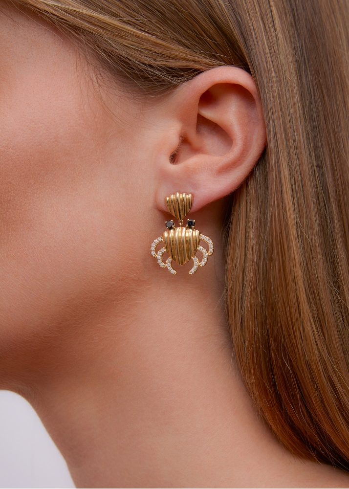 PAIRE DE BOUCLES D'OREILLE CRABE COQUILLAGE GM OR JAUNE