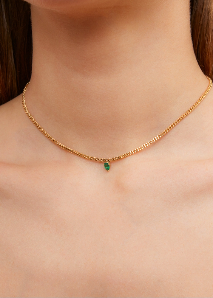 COLLIER GOURMETTE FLOTTANT ÉMERAUDE POIRE OR JAUNE
