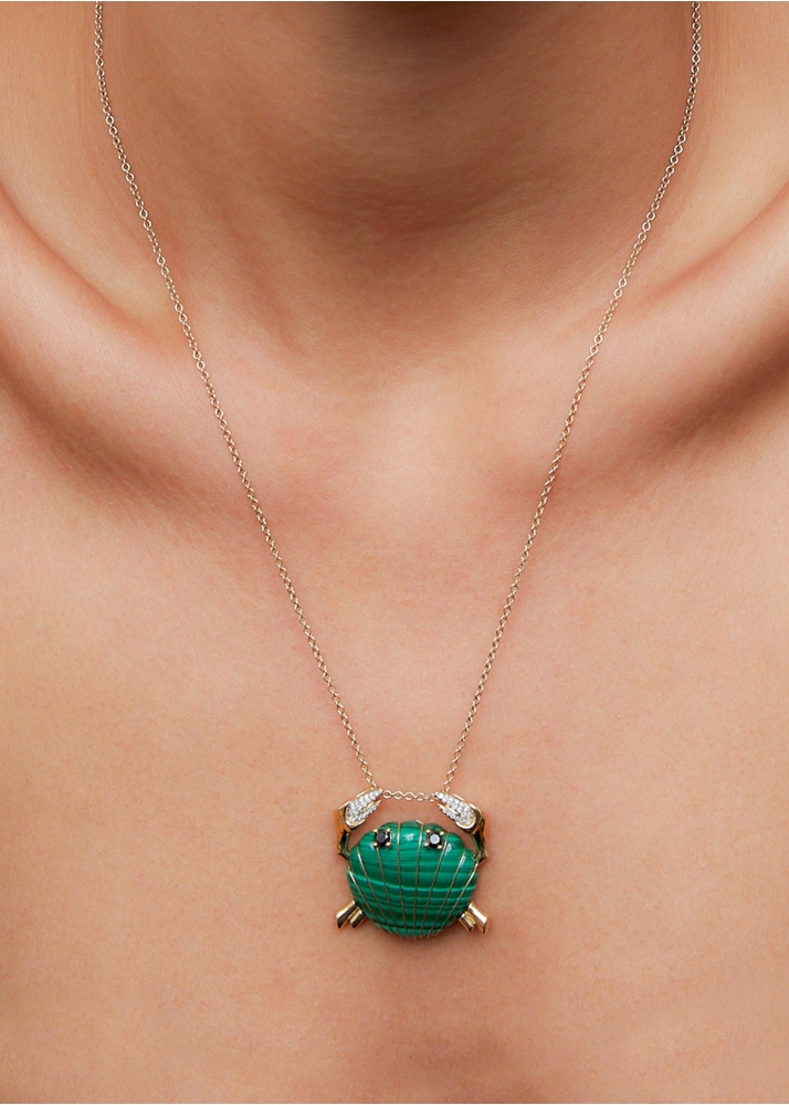 PENDENTIF CRABE COQUILLAGE MALACHITE OR JAUNE