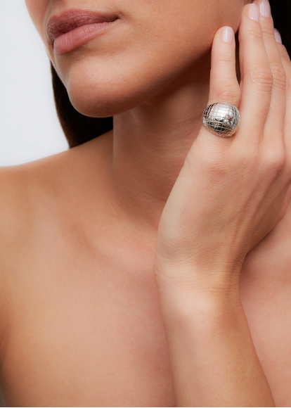 BAGUE BOULE DISCO OR BLANC