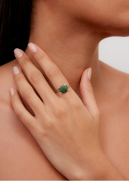 MINI BAGUE CRABE COQUILLAGE MALACHITE OR JAUNE