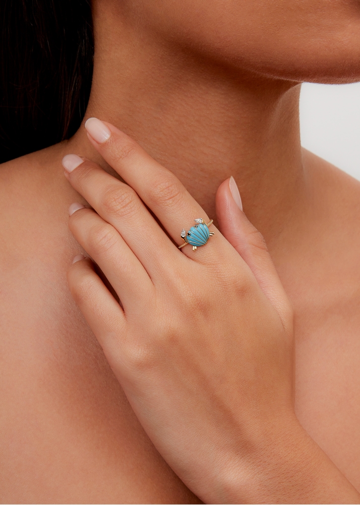 MINI BAGUE CRABE COQUILLAGE TURQUOISE OR JAUNE
