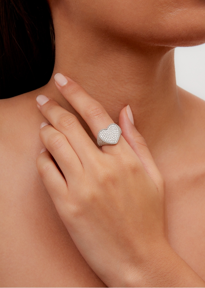 CHEVALIÈRE COEUR FULL DIAMANTS OR BLANC