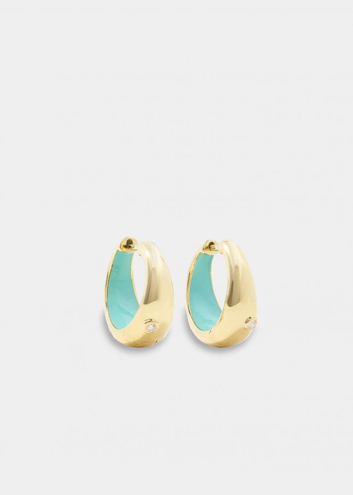 PAIRE DE CREOLES EMAIL TURQUOISE OR JAUNE
