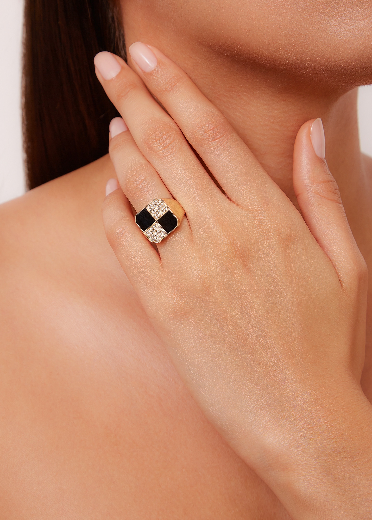 BAGUE DAMIER ONYX OR JAUNE