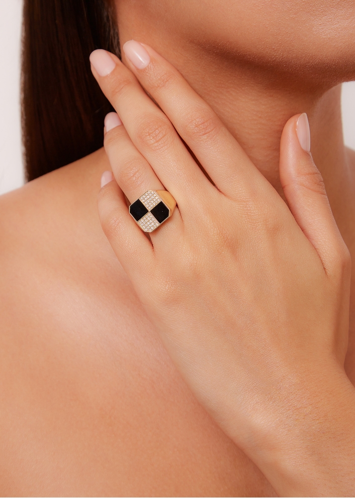BAGUE DAMIER ONYX OR JAUNE