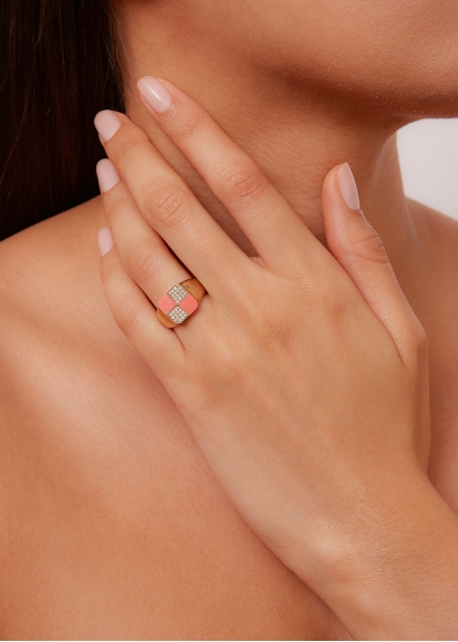 MINI BAGUE DAMIER CORAIL OR JAUNE