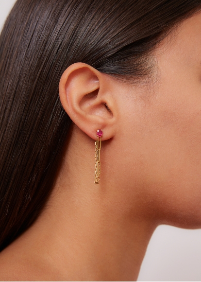 BOUCLE D'OREILLE CHAINE SOLITAIRE RUBIS OR JAUNE