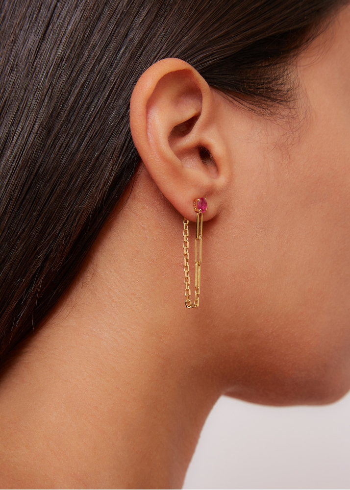 BOUCLE D'OREILLE CHAINE SOLITAIRE RUBIS OR JAUNE