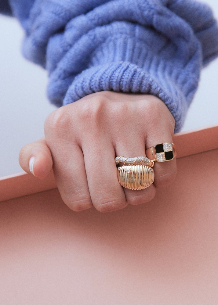 MINI BAGUE DAMIER ONYX OR JAUNE