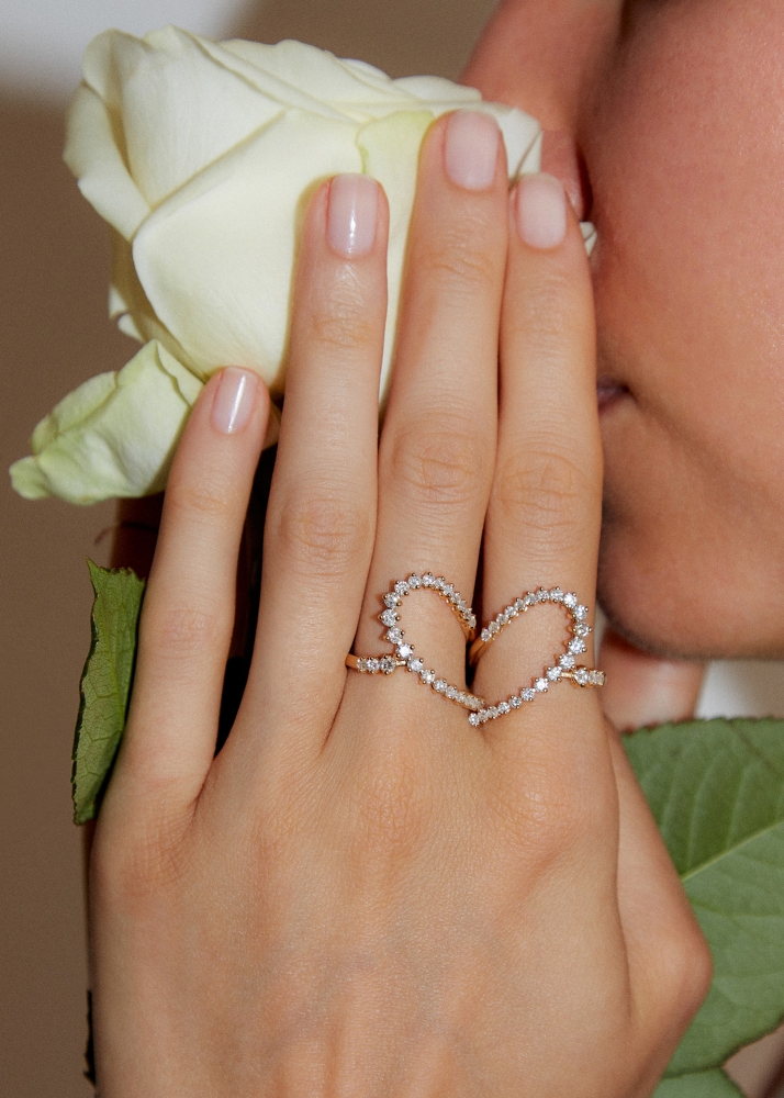 DOUBLE BAGUE COEUR DIAMANTS OR JAUNE