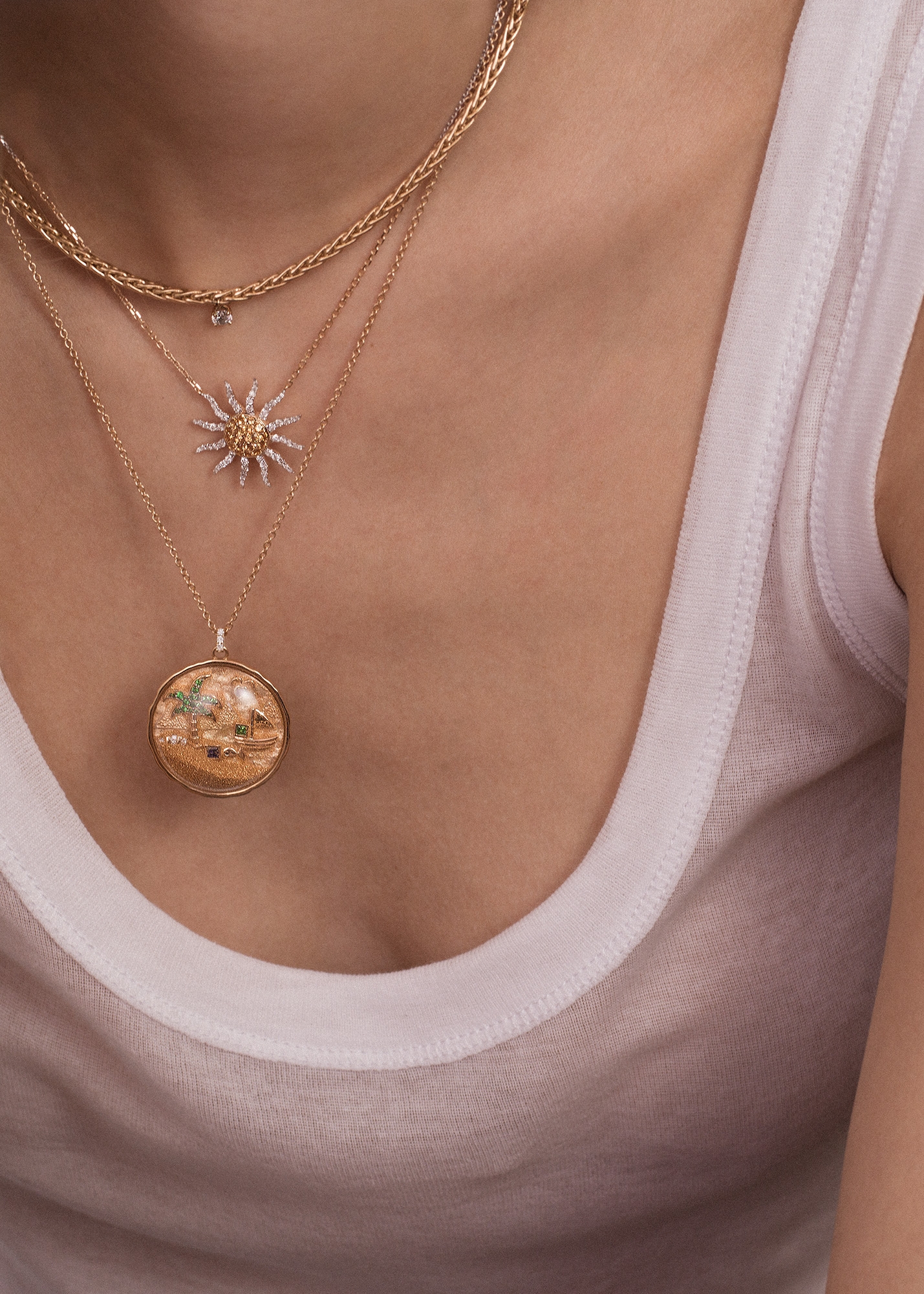 COLLIER PALMIER FLOTTANT DIAMANT ROND OR JAUNE