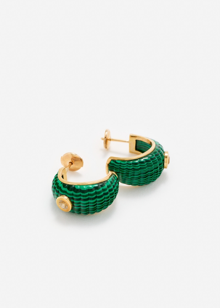 PAIRE DE CRÉOLES BERLINGOT TOPAZES MALACHITE OR JAUNE