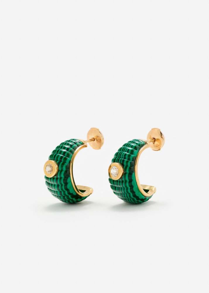 PAIRE DE CRÉOLES BERLINGOT TOPAZES MALACHITE OR JAUNE
