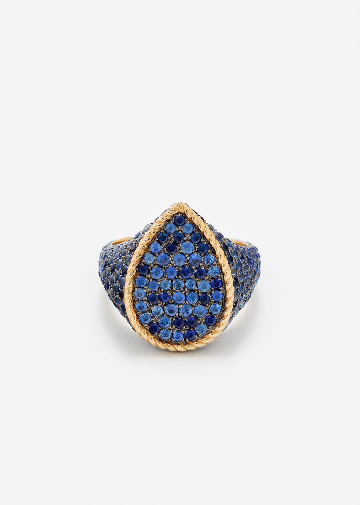 CHEVALIÈRE POIRE SAPHIRS BLEUS OR JAUNE