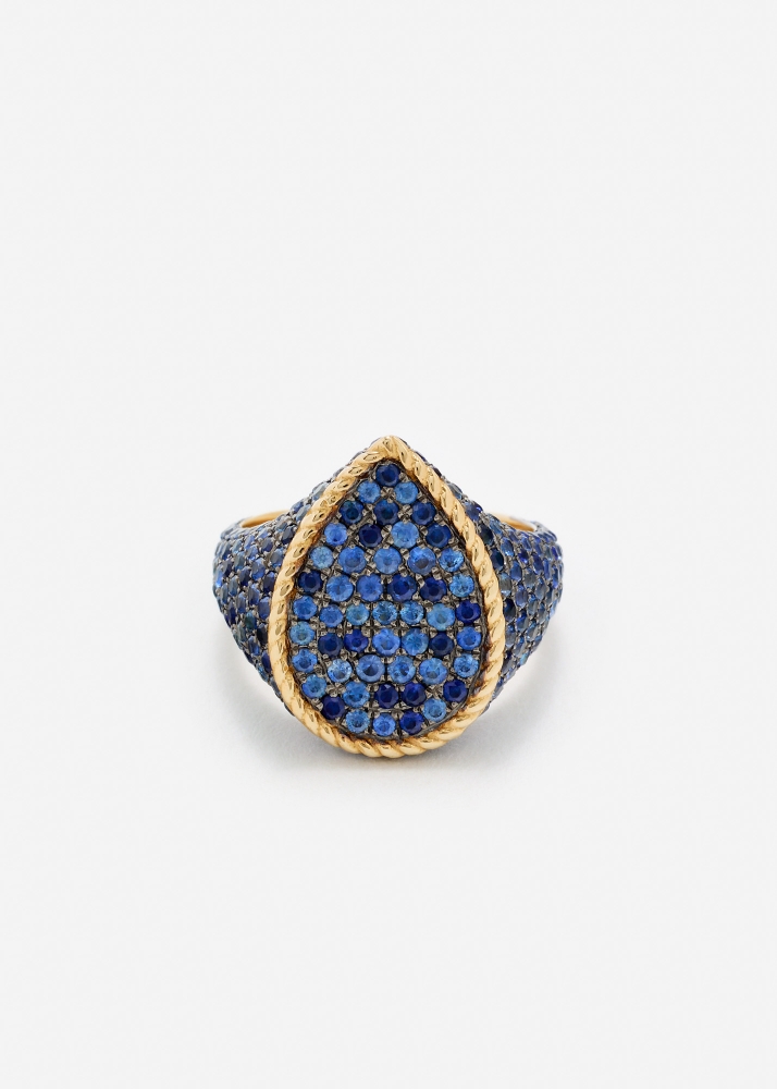 CHEVALIÈRE POIRE SAPHIRS BLEUS OR JAUNE