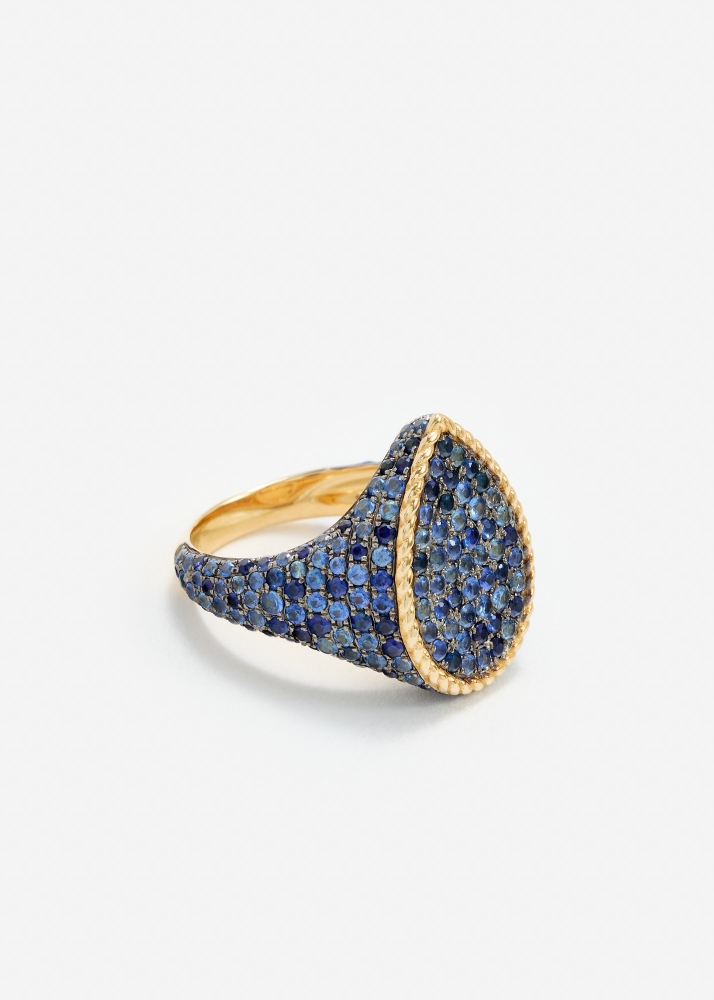 CHEVALIÈRE POIRE SAPHIRS BLEUS OR JAUNE
