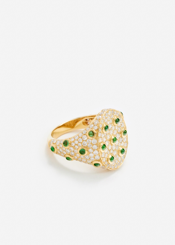 CHEVALIÈRE OVALE PLUMETIS TSAVORITES DIAMANTS OR JAUNE