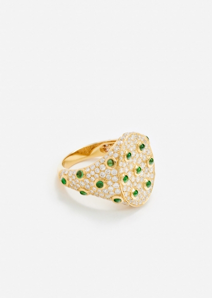 CHEVALIÈRE OVALE PLUMETIS TSAVORITES DIAMANTS OR JAUNE