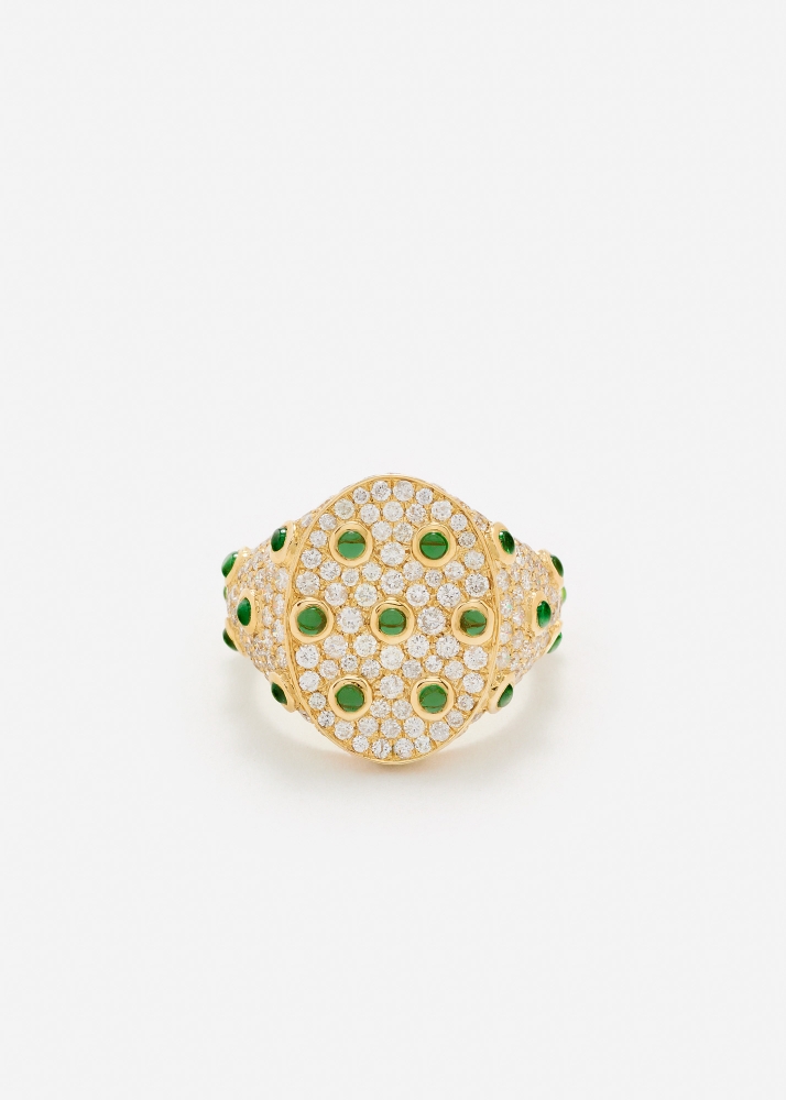 CHEVALIÈRE OVALE PLUMETIS TSAVORITES DIAMANTS OR JAUNE