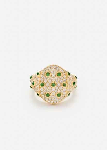 CHEVALIÈRE OVALE PLUMETIS TSAVORITES DIAMANTS OR JAUNE