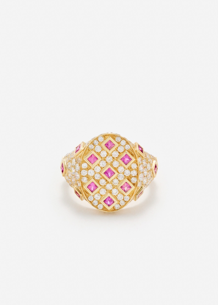 CHEVALIÈRE OVALE PLUMETIS SAPHIRS ROSES DIAMANTS OR JAUNE