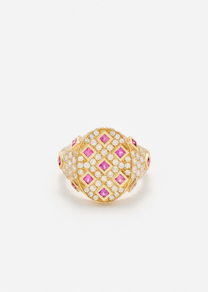CHEVALIÈRE OVALE PLUMETIS SAPHIRS ROSES DIAMANTS OR JAUNE