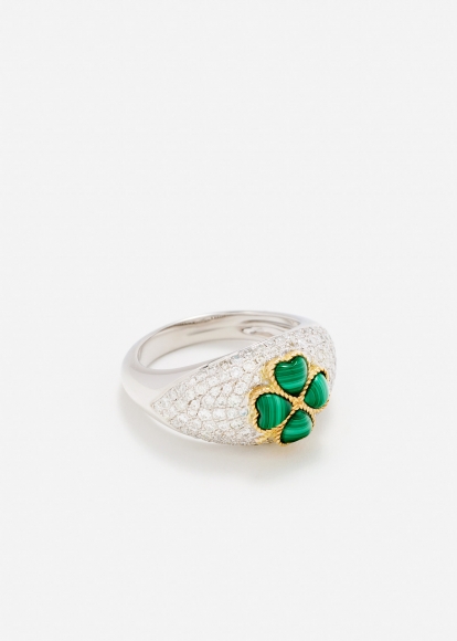 MINI BAGUE DÔME TRÈFLE MALACHITE OR BLANC