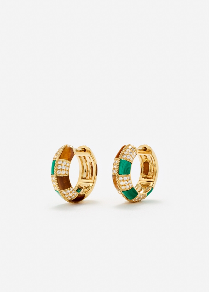 PAIRE DE MINI CRÉOLES DAMIER MALACHITE & OEIL DE TIGRE OR JAUNE