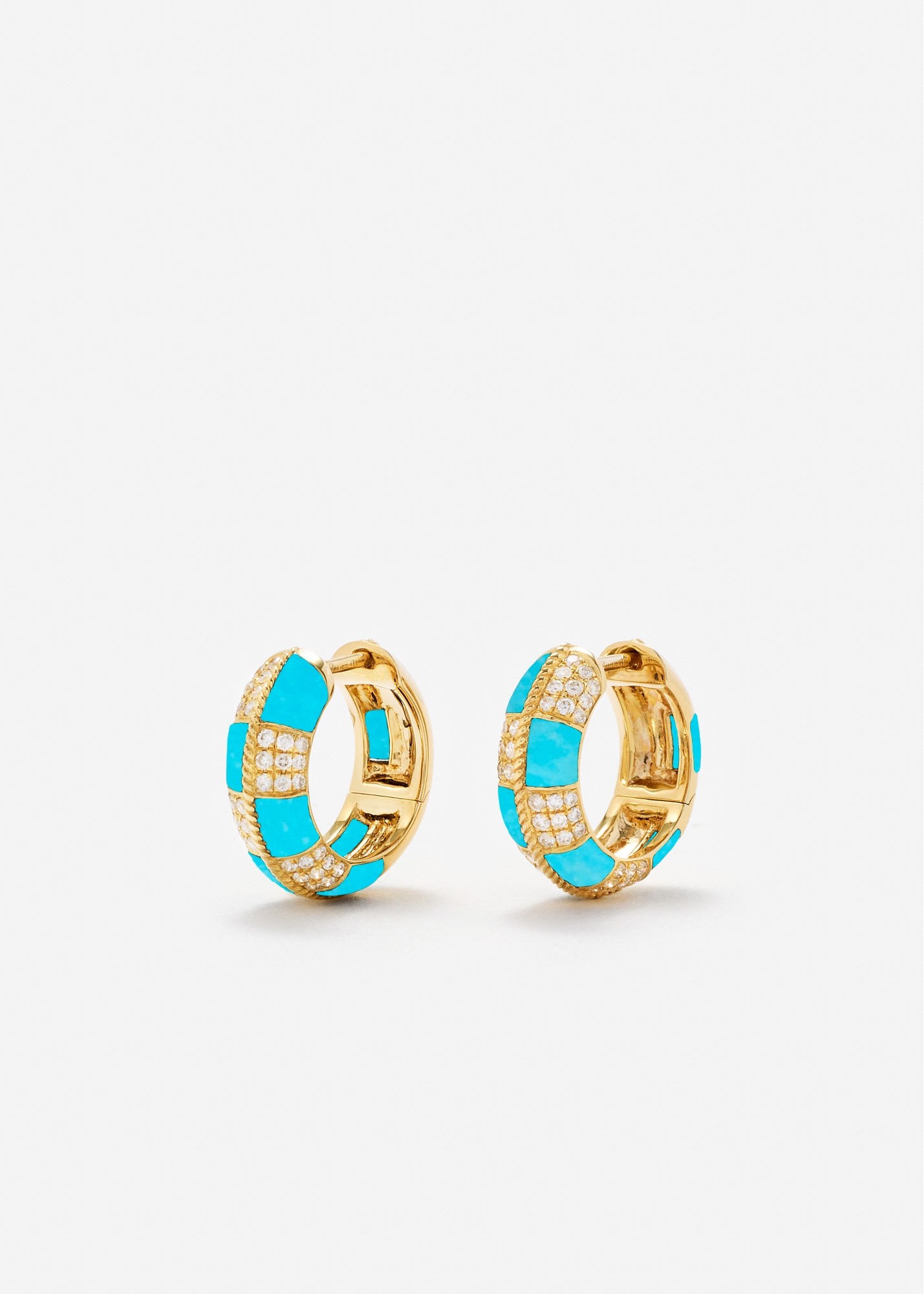 PAIRE DE MINI CRÉOLES DAMIER TURQUOISE OR JAUNE
