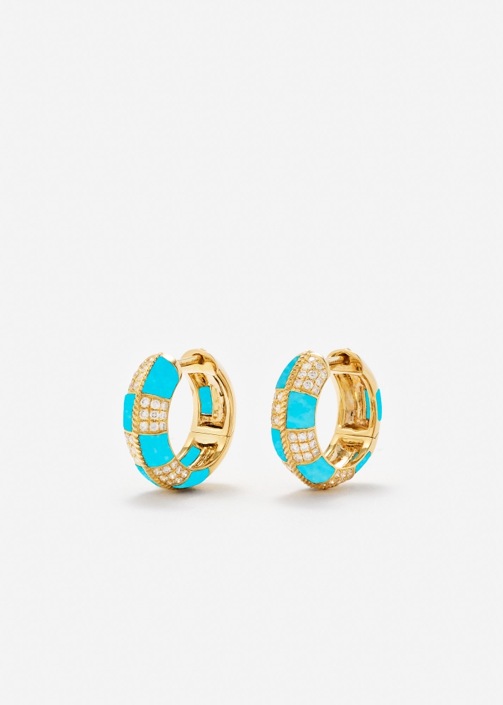 PAIRE DE MINI CRÉOLES DAMIER TURQUOISE OR JAUNE