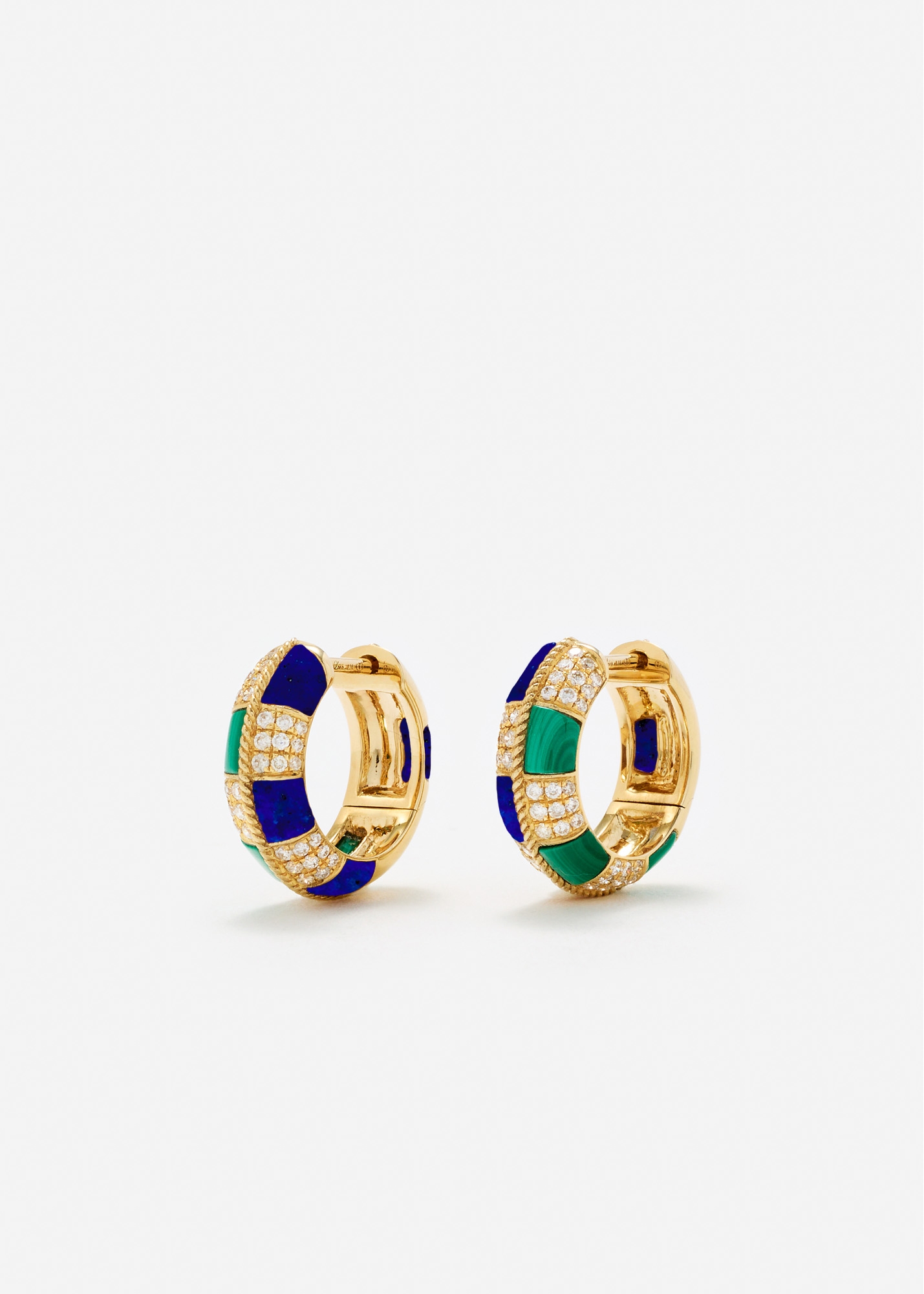 PAIRE DE MINI CRÉOLES DAMIER MALACHITE & LAPIS LAZULI OR JAUNE