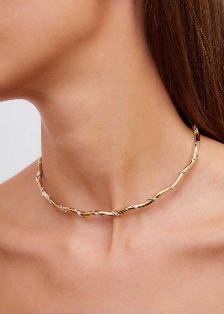 COLLIER TORQUE TWISTÉ GOLD DIAMANTS OR JAUNE