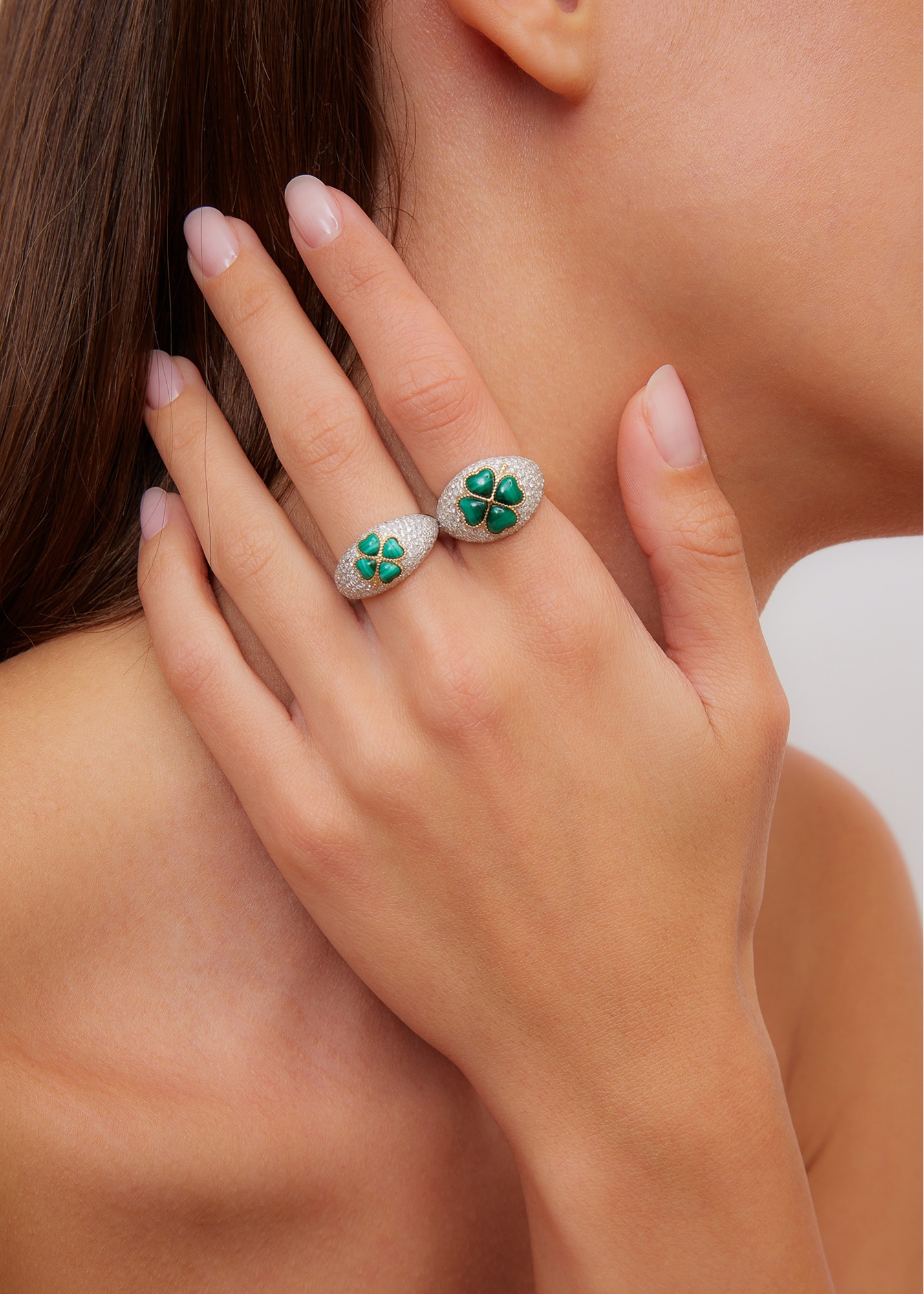 MINI BAGUE DÔME TRÈFLE MALACHITE OR BLANC