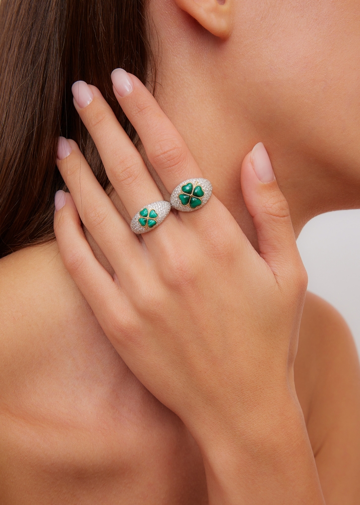 MINI BAGUE DÔME TRÈFLE MALACHITE OR BLANC