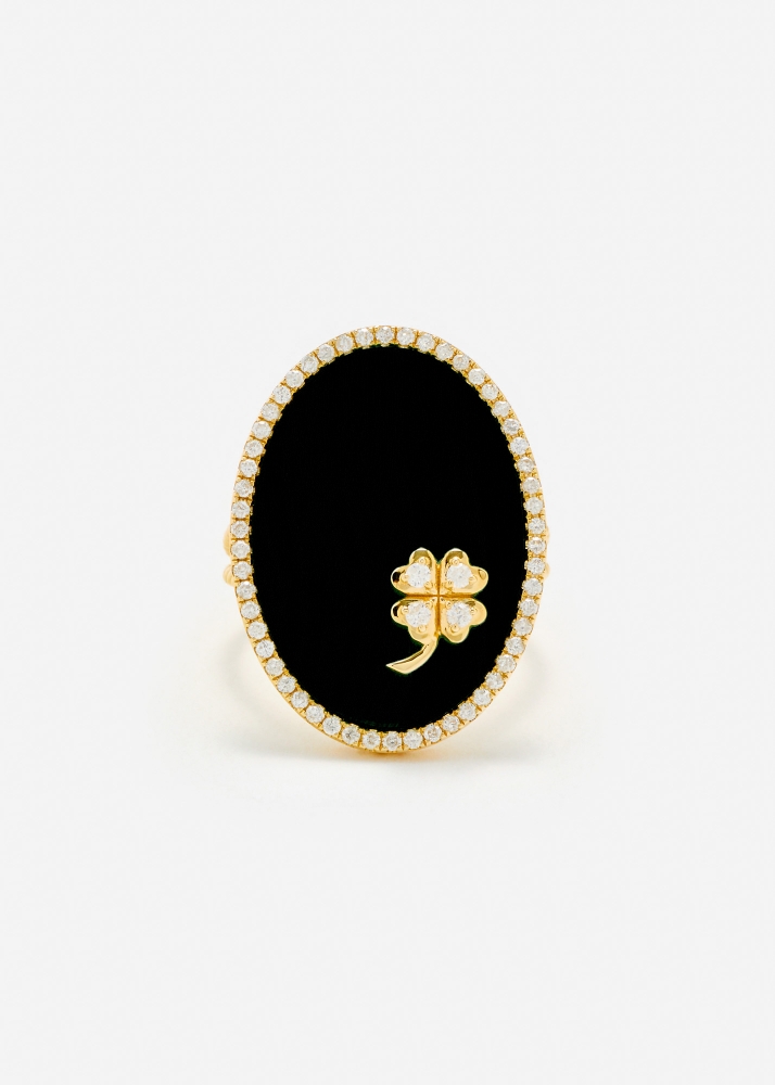 BAGUE MÉDAILLON TRÈFLE ONYX OR JAUNE