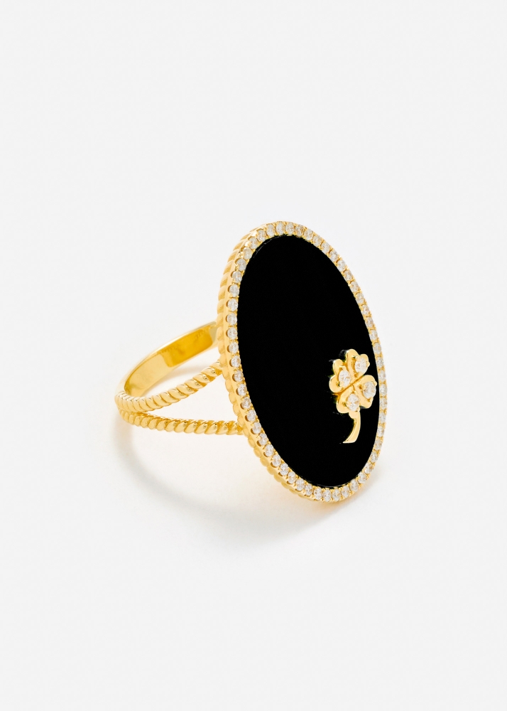 BAGUE MÉDAILLON TRÈFLE ONYX OR JAUNE