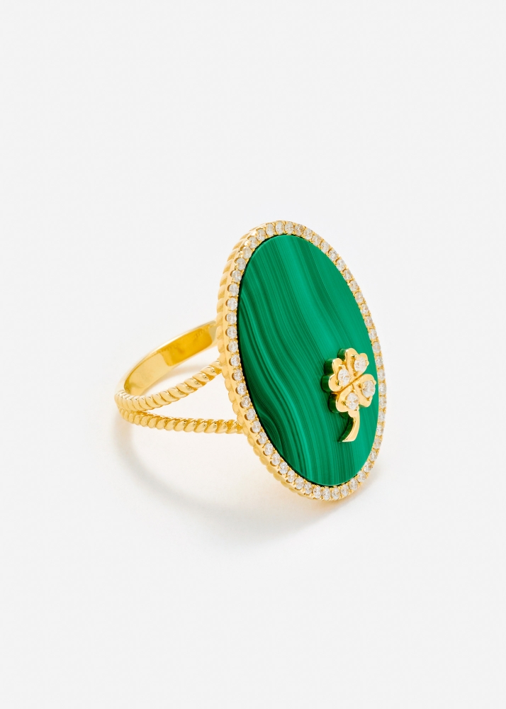BAGUE MÉDAILLON TRÈFLE MALACHITE OR JAUNE