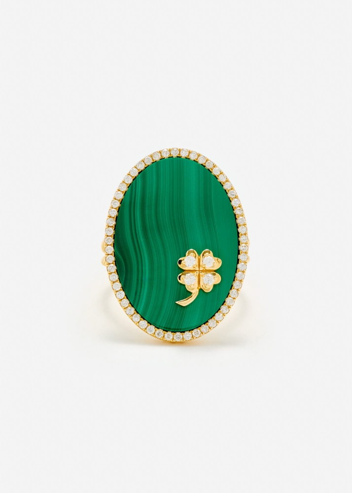 BAGUE MÉDAILLON TRÈFLE MALACHITE OR JAUNE