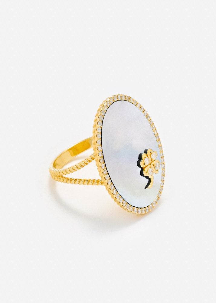 BAGUE MÉDAILLON TRÈFLE NACRE OR JAUNE