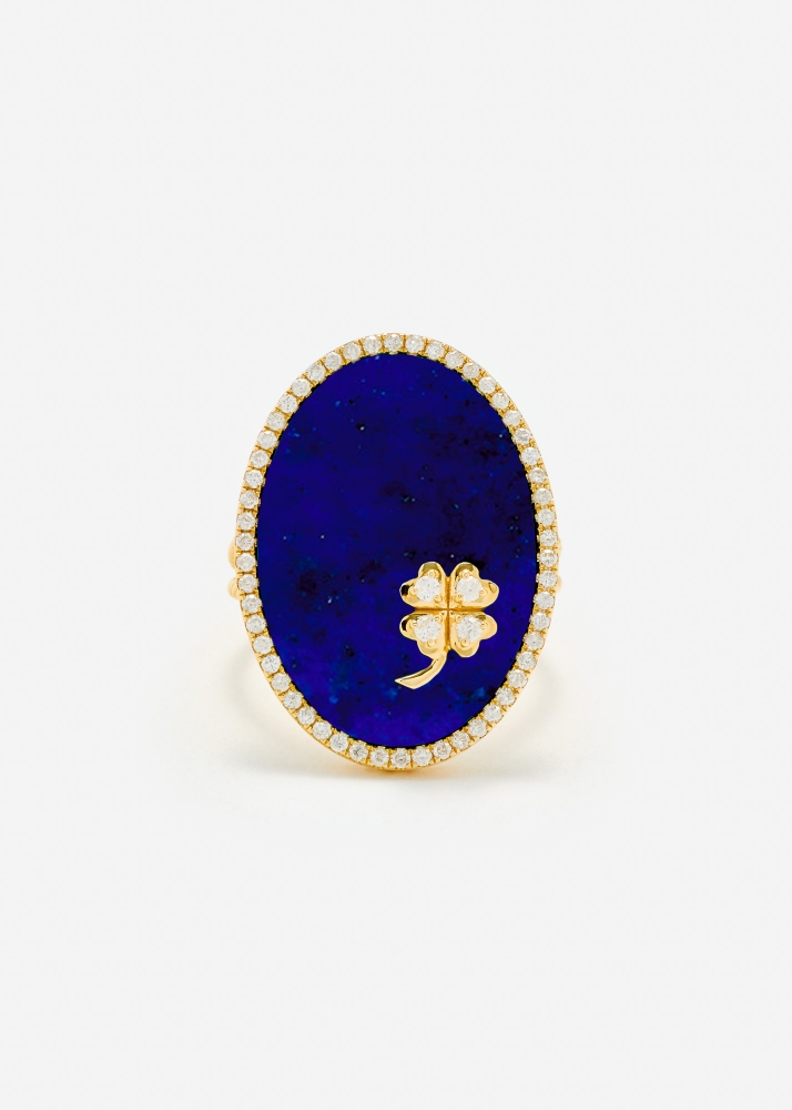 BAGUE MÉDAILLON TRÈFLE LAPIS LAZULI OR JAUNE